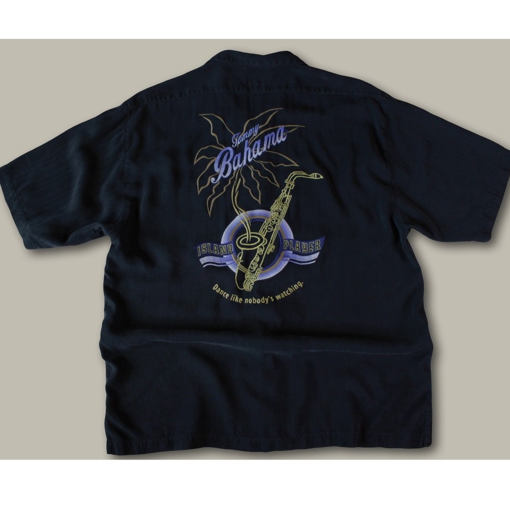 Tommy Bahama Island Player Silk Shirt L Black Saxophone Embroidered Vintage Camp